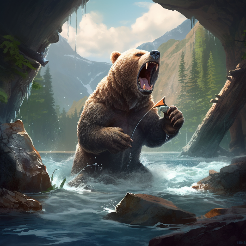 Bear catching salmon at river mouth