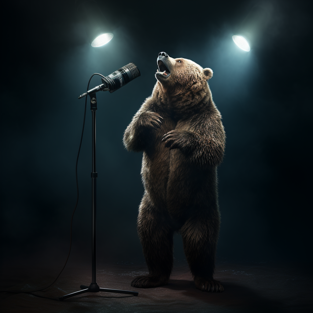 Photo realistic image of a bear with microphone and stage setup