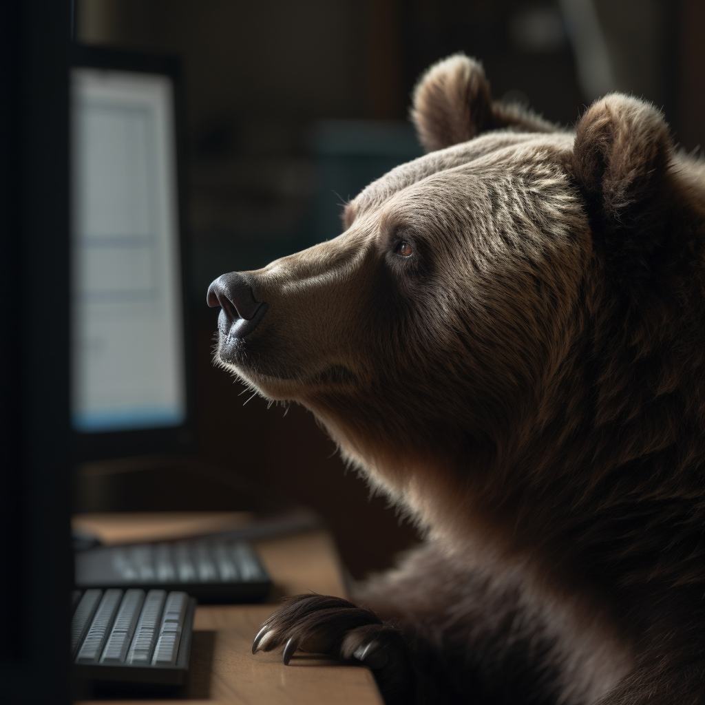 Bear Thinking While Using a Computer