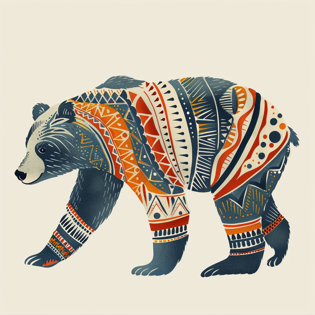 Bear walking in folk illustration