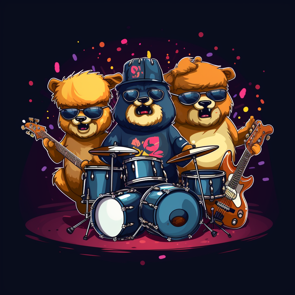 Smiling bear cartoon rock band playing music