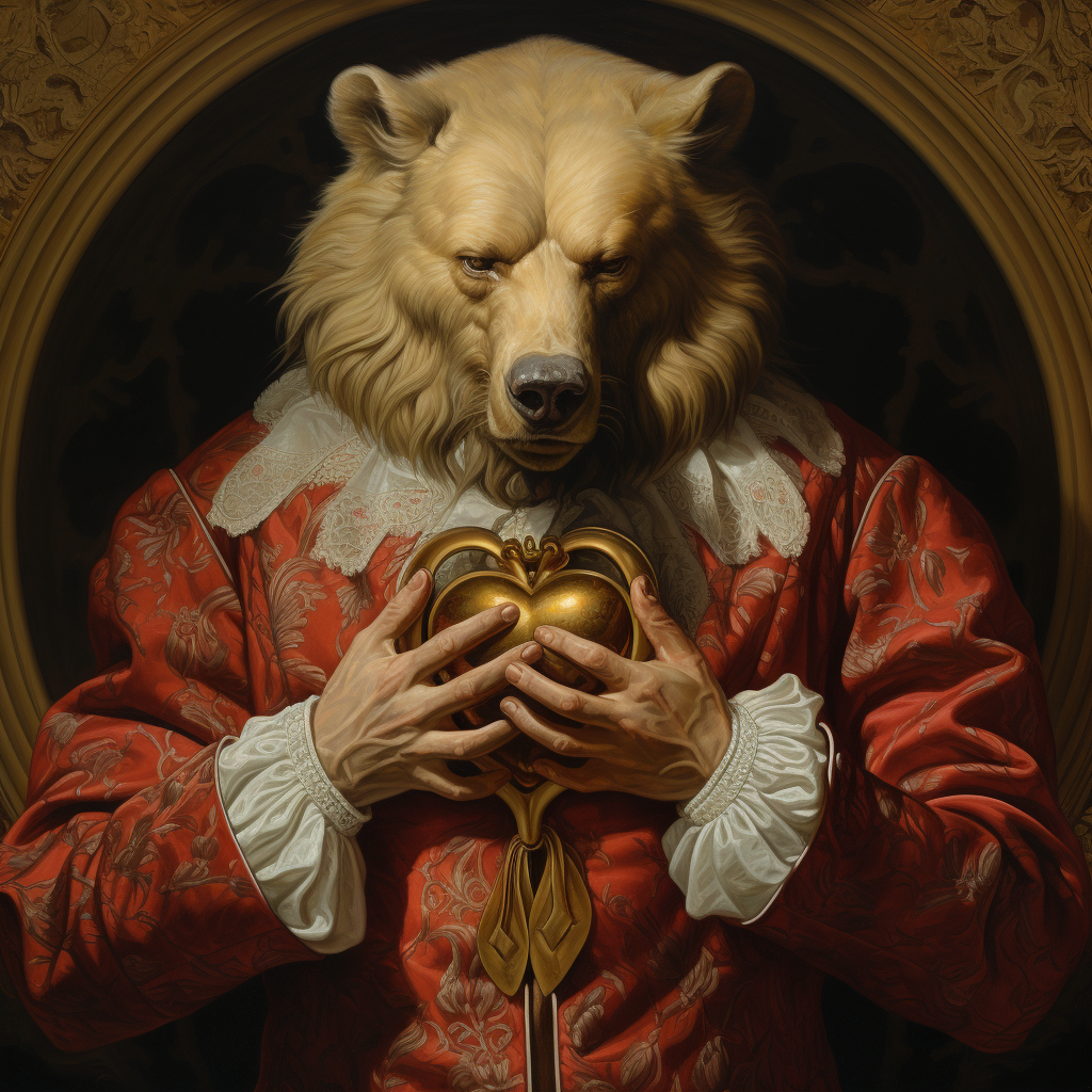 Man wearing bear head eating heart