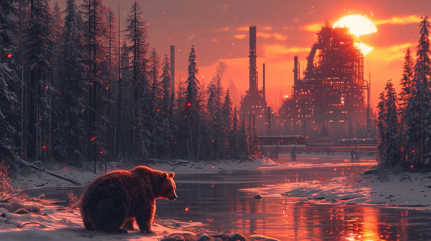 Bear by River with Chemical Plant in Snow