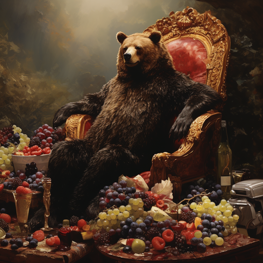 Bear on trash throne eating grapes