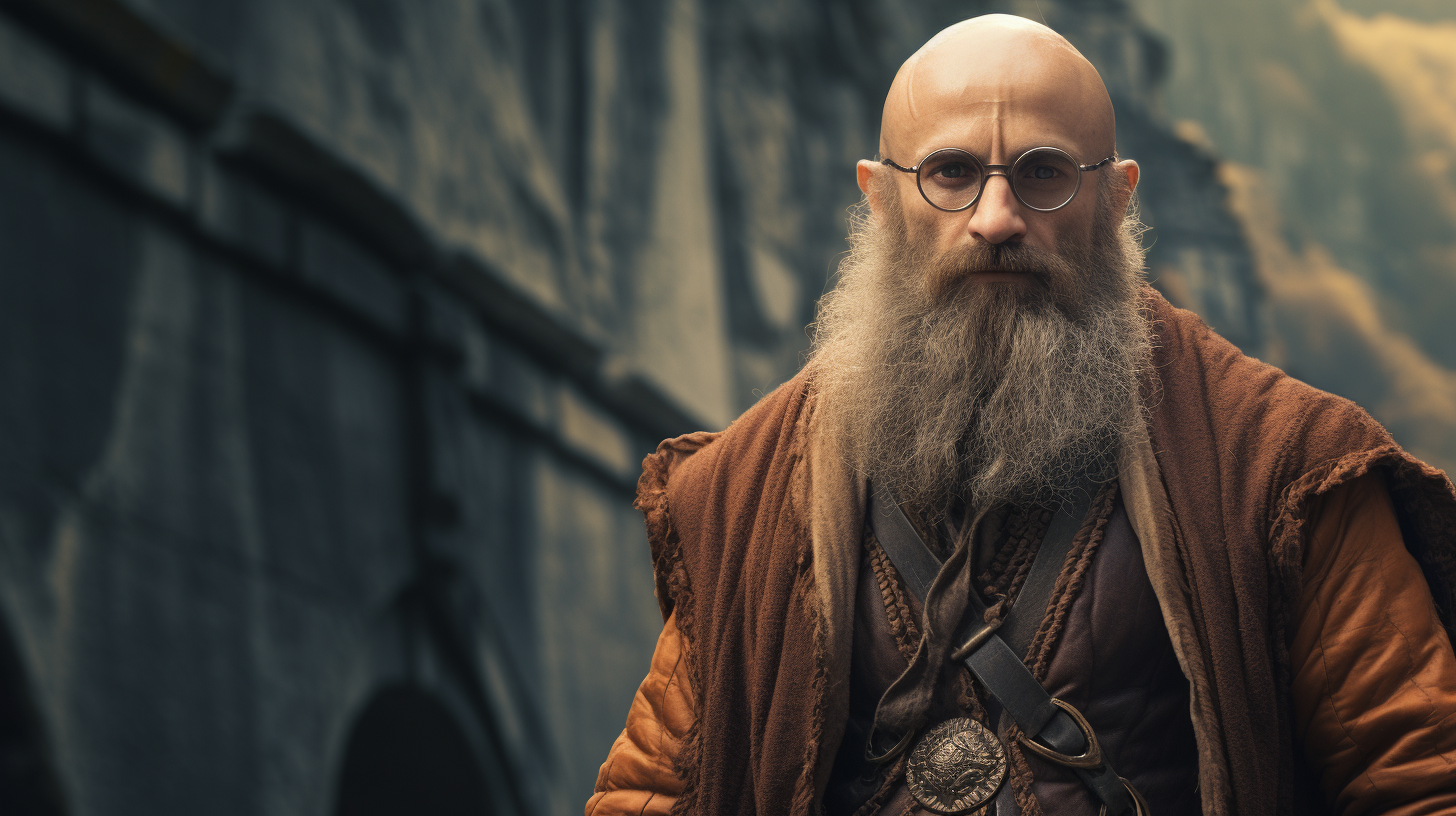 Bearded bald hipster entering Helms Deep