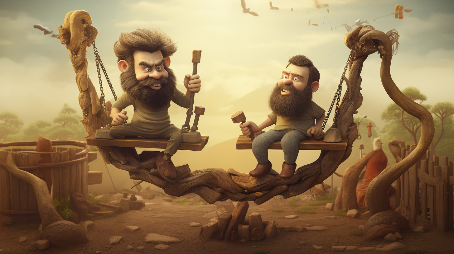 Two bearded cavemen on a teeter totter at a playground