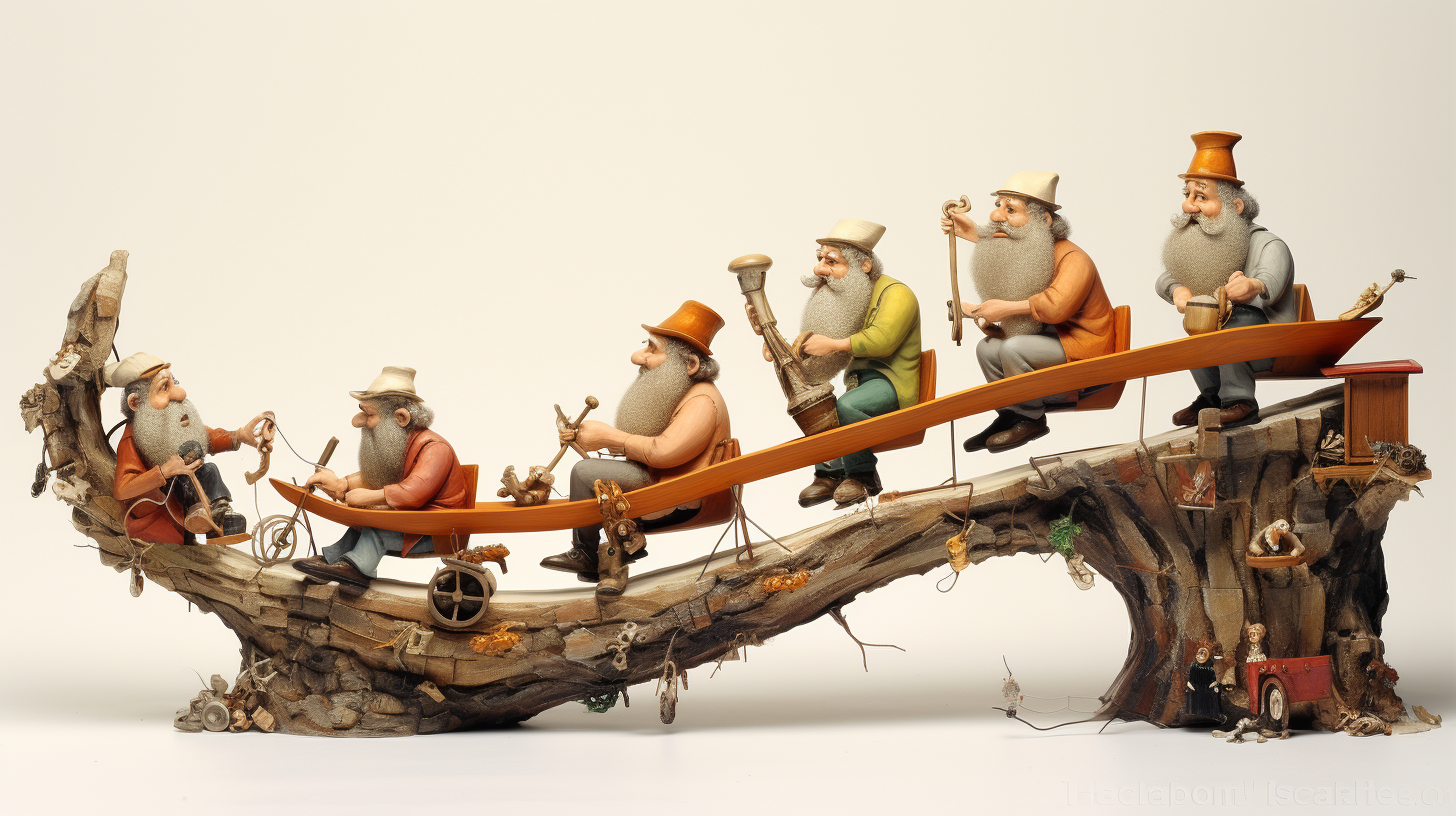 Bearded cavemen on teeter totter in profile view