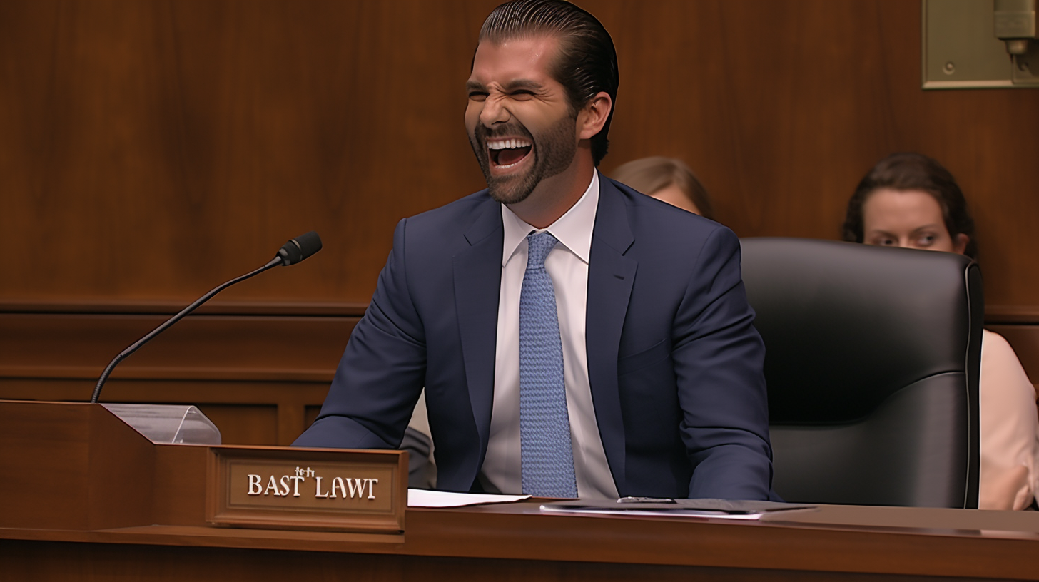 Bearded Donald Trump Jr. laughing on the witness stand