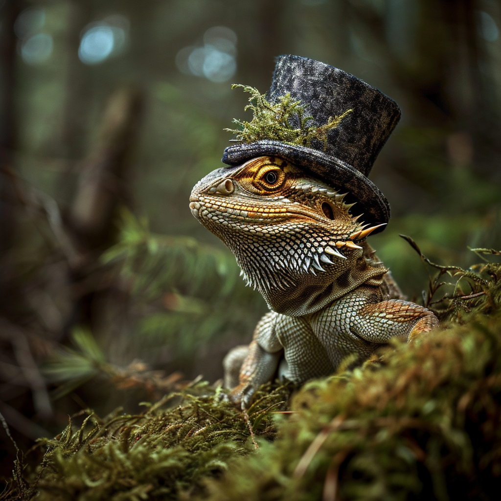 Bearded dragon wearing top hat in forest