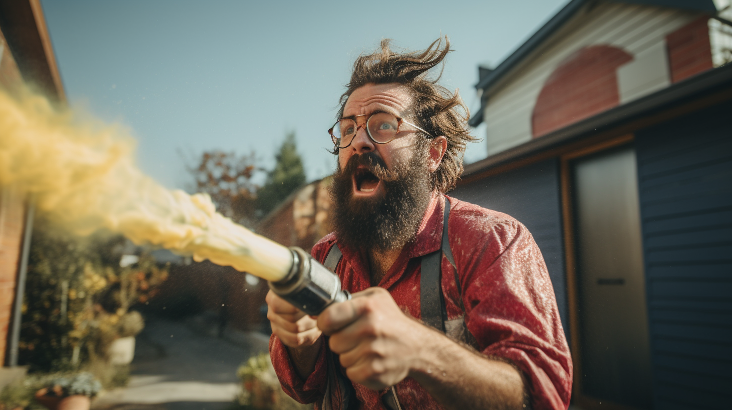 Bearded hipster firefighter extinguishing house fire