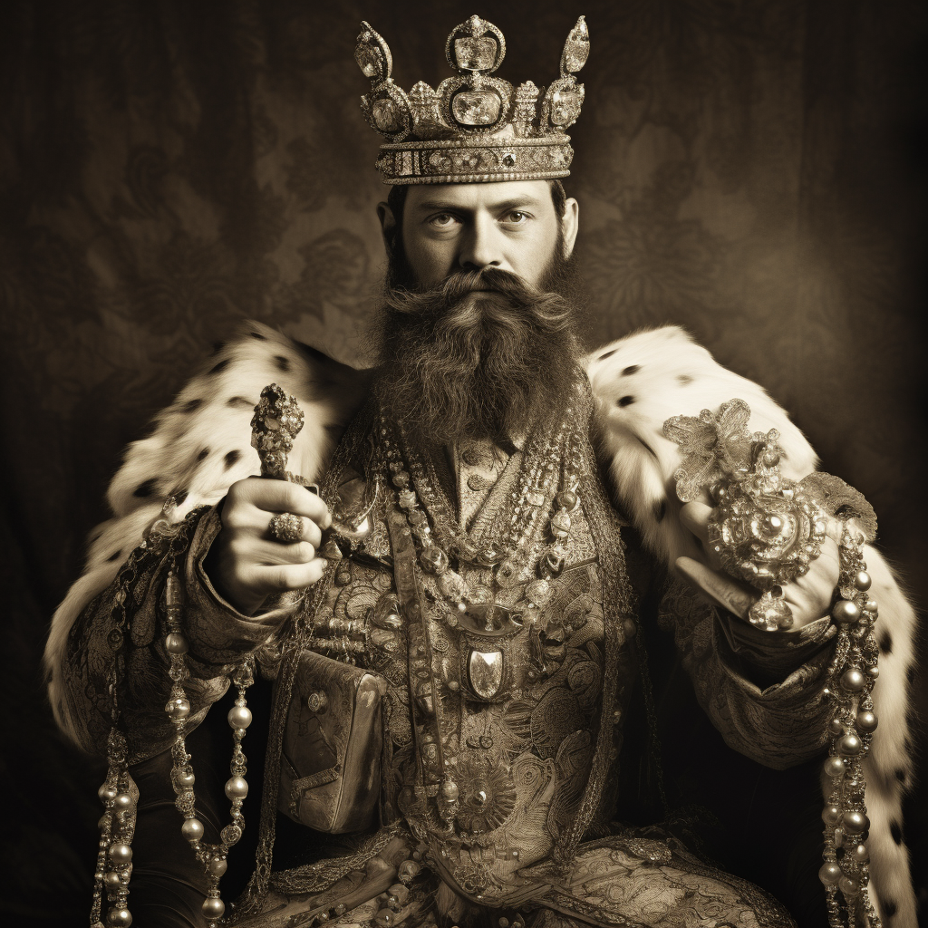 Bearded king with expensive jewellery