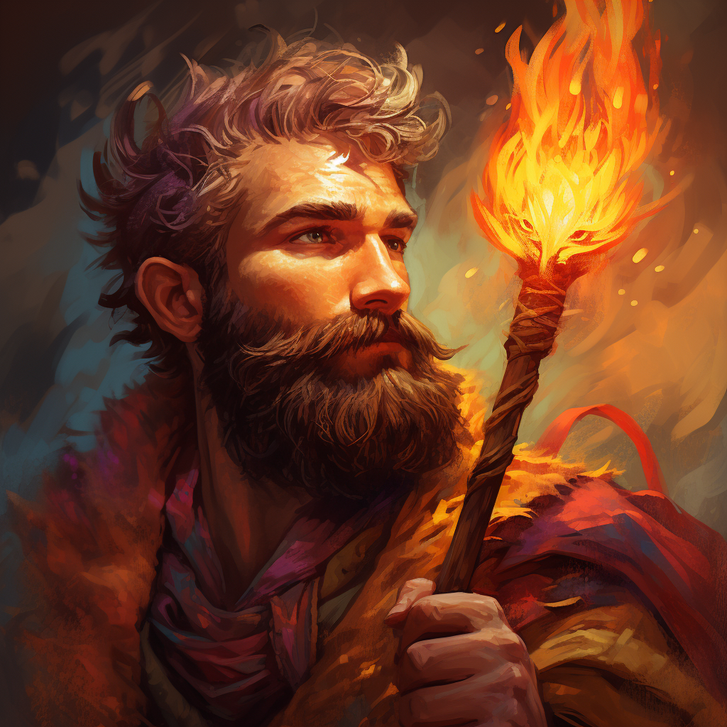 Bearded character with long staff in warm color palette