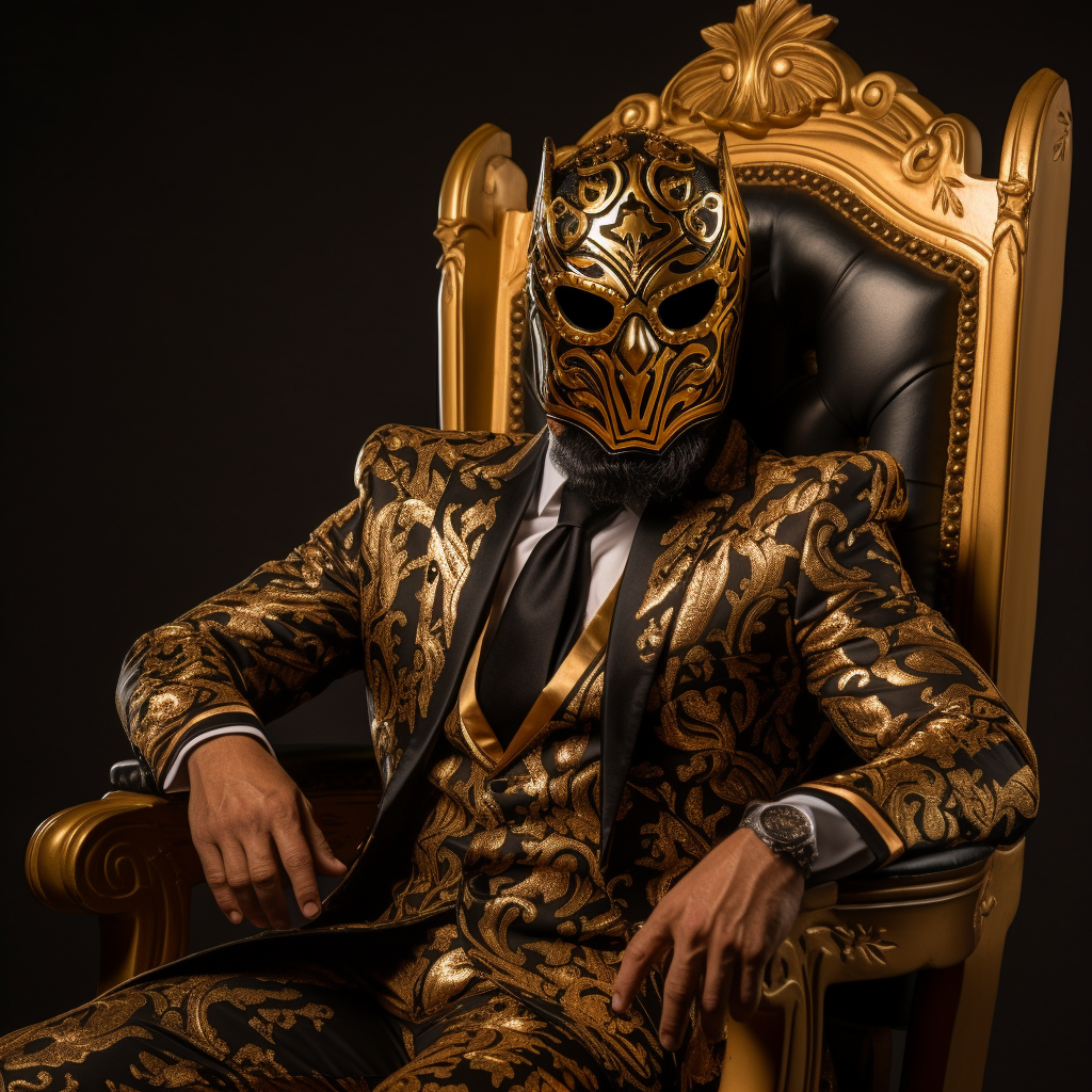 Bearded luchador on golden throne