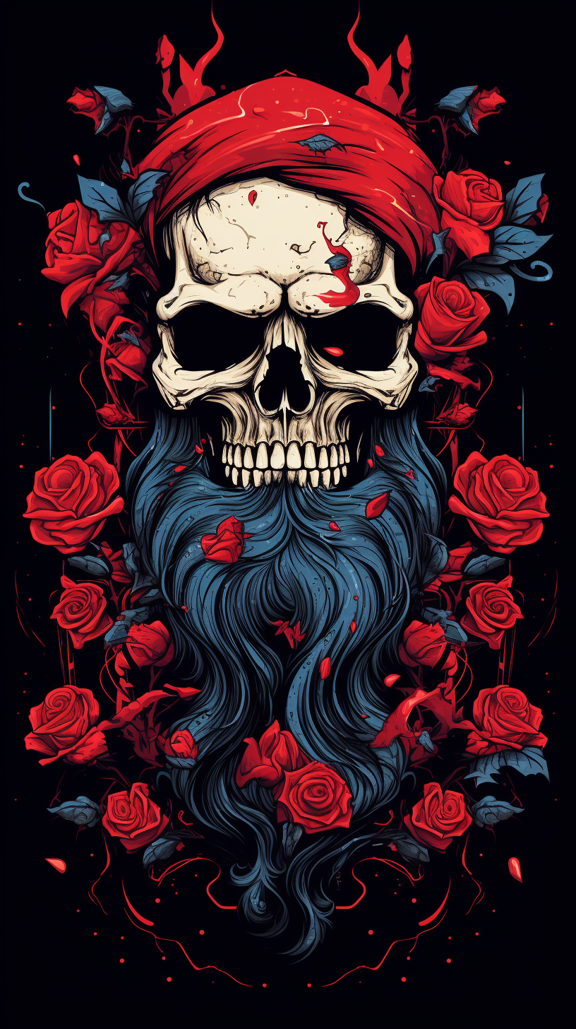 Bearded Mad Skull Biker with Red Roses