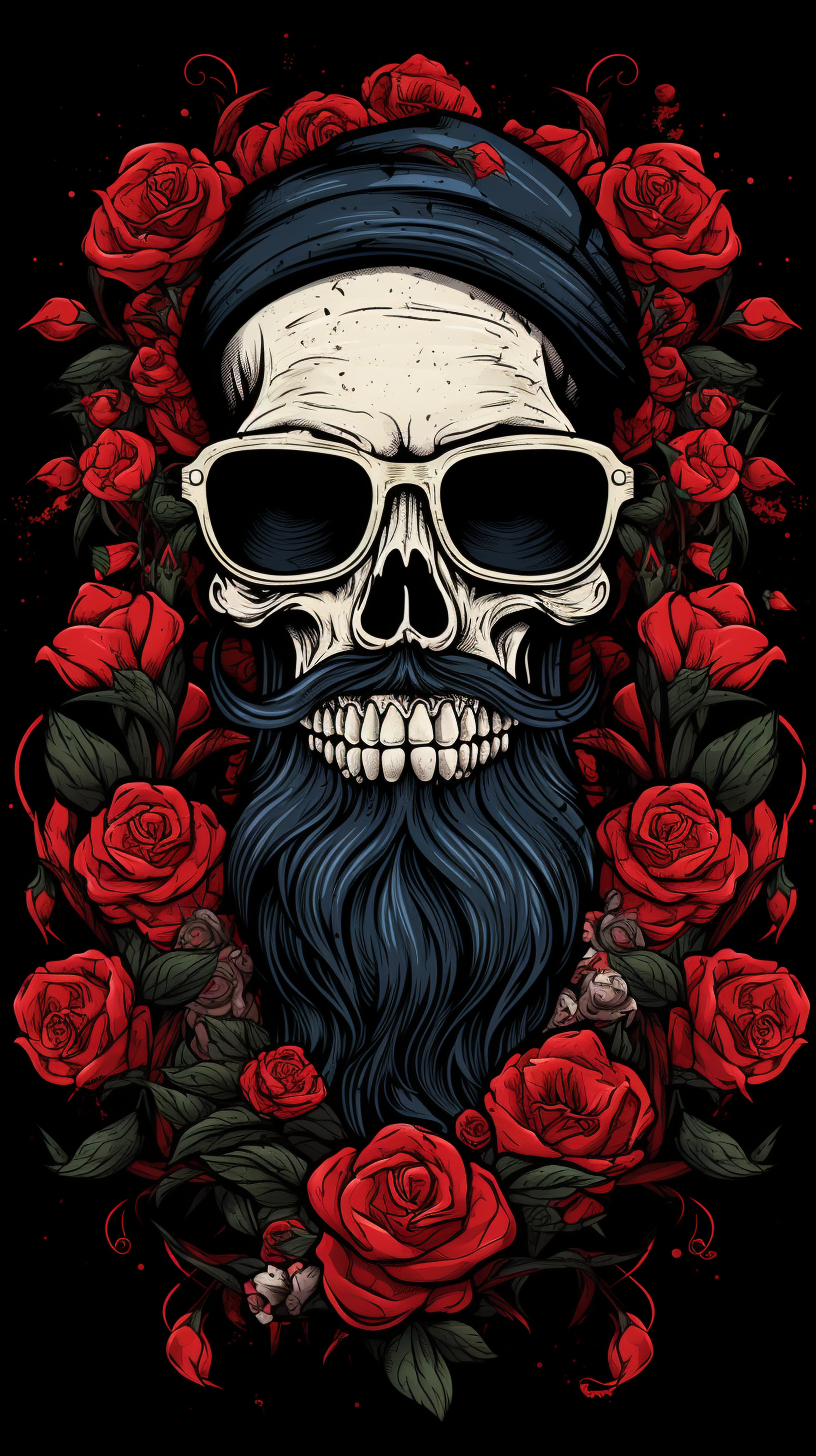 Flat illustration of bearded mad skull, biker skull, red roses