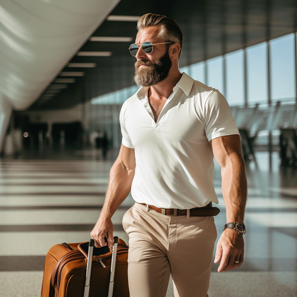 Bearded man in airport with carryon