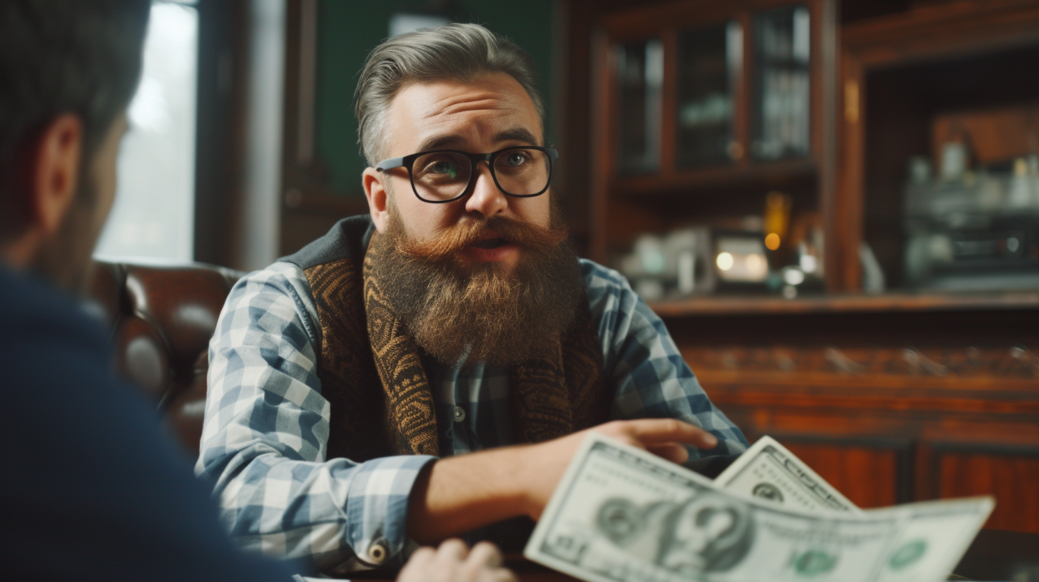 Bearded man at bank with dollars