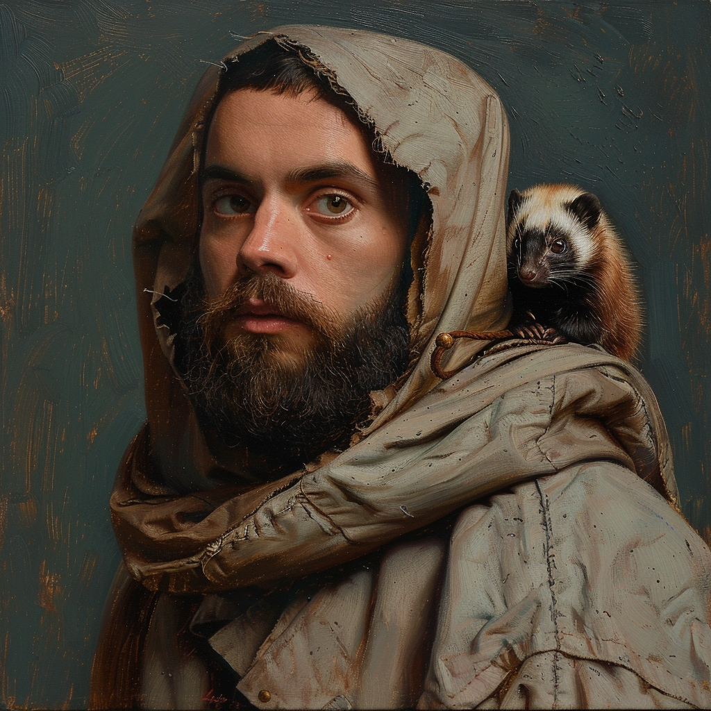 Bearded man with ferret cloak