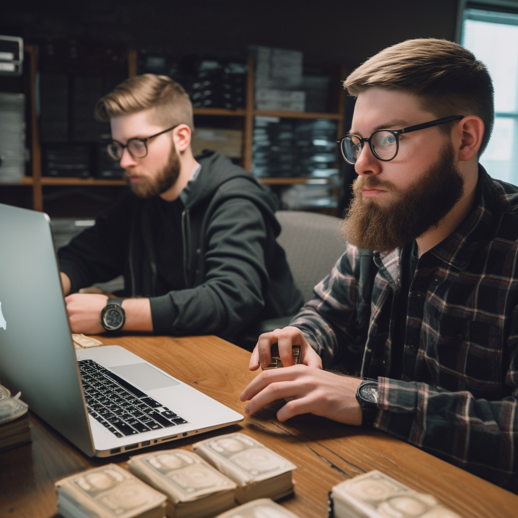 Bearded man programming with moneybags