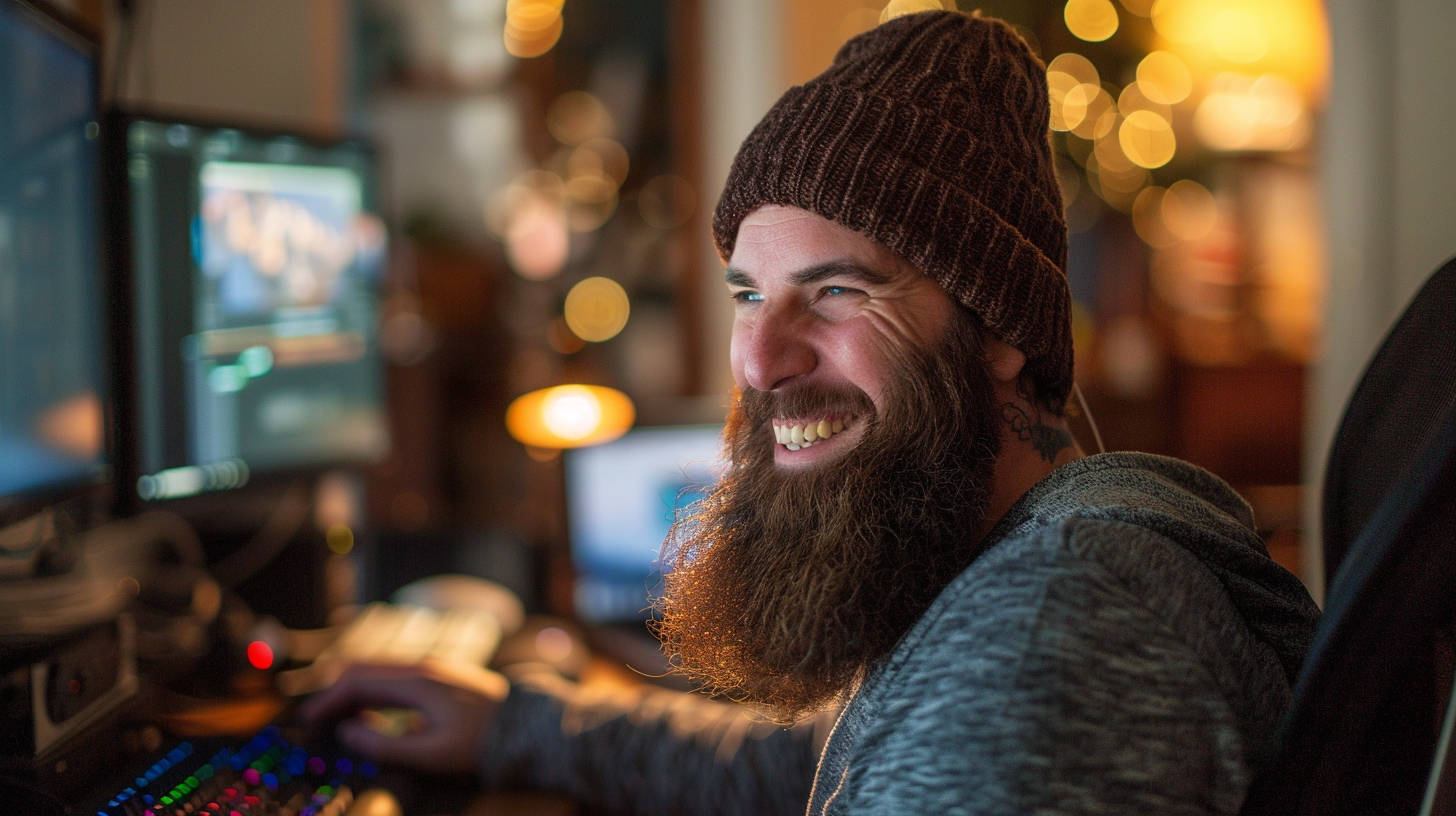 Bearded man computer smiling