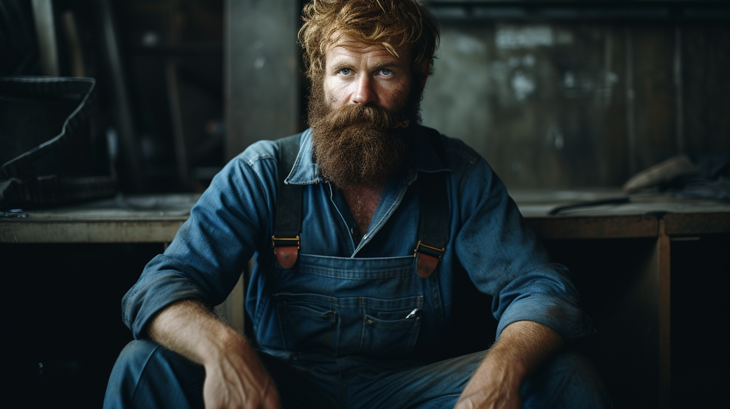 Stylish Bearded Man Ironing in Overalls