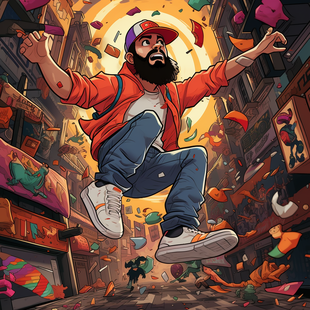 Cartoon of a bearded man in snapback and streetwear falling in Mexico City