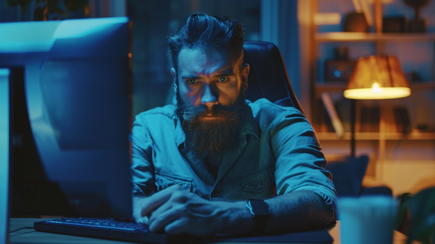 Bearded man holding shield and using computer