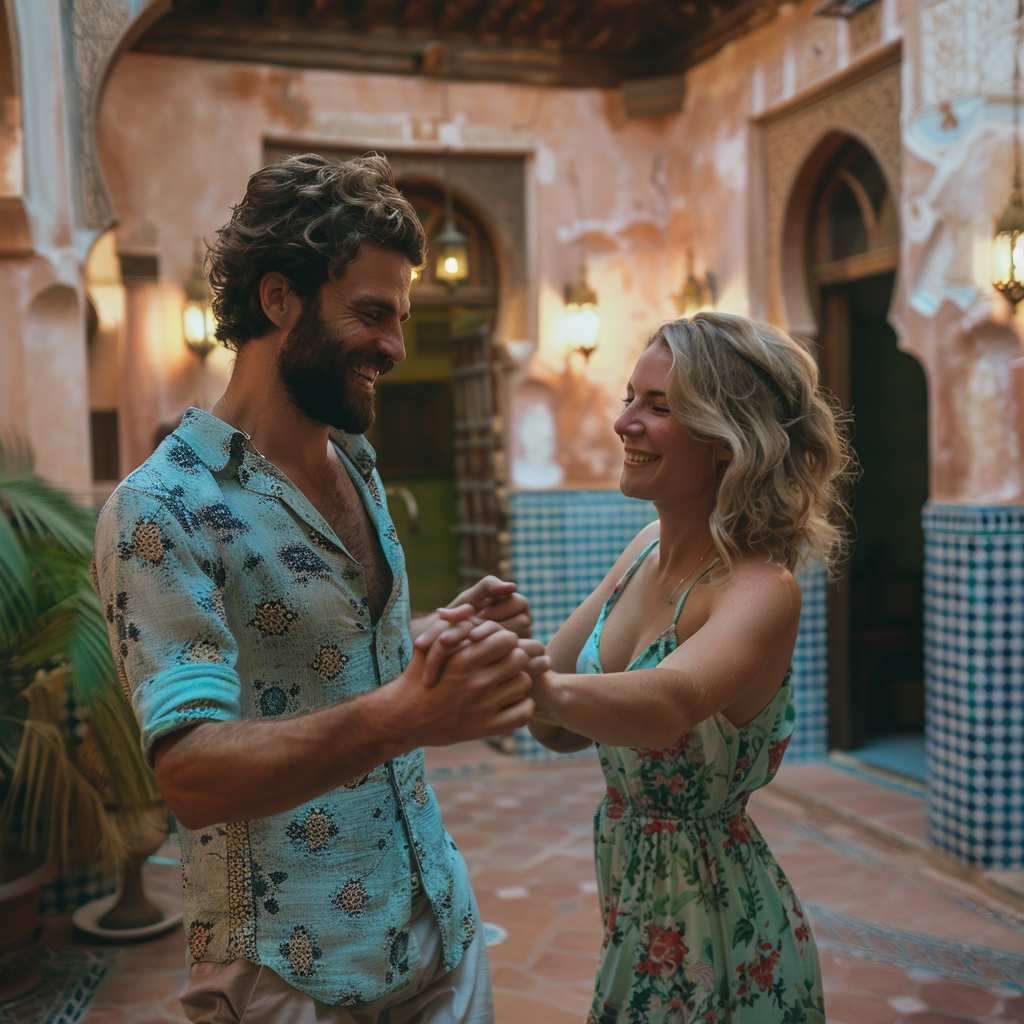 Bearded man and woman dancing at dusk