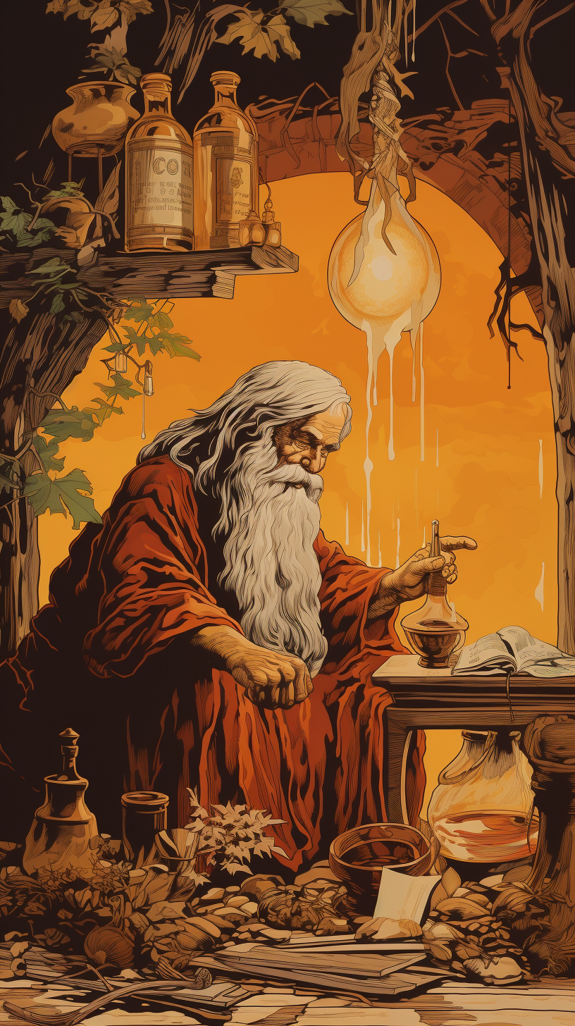 Illustration of a bearded wizard in a potion hut