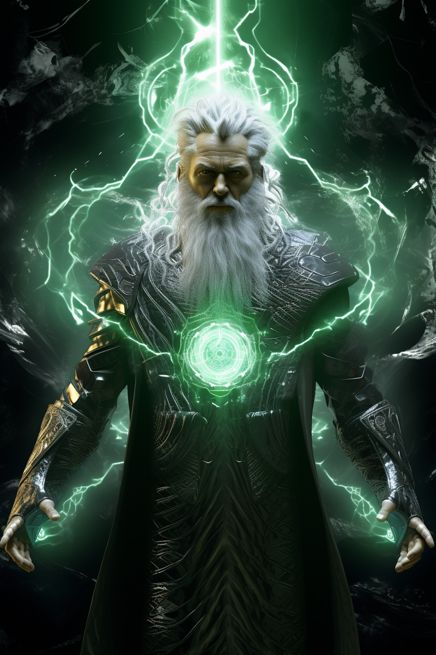 Beardless warrior in futuristic robe with forcefield and green lightning