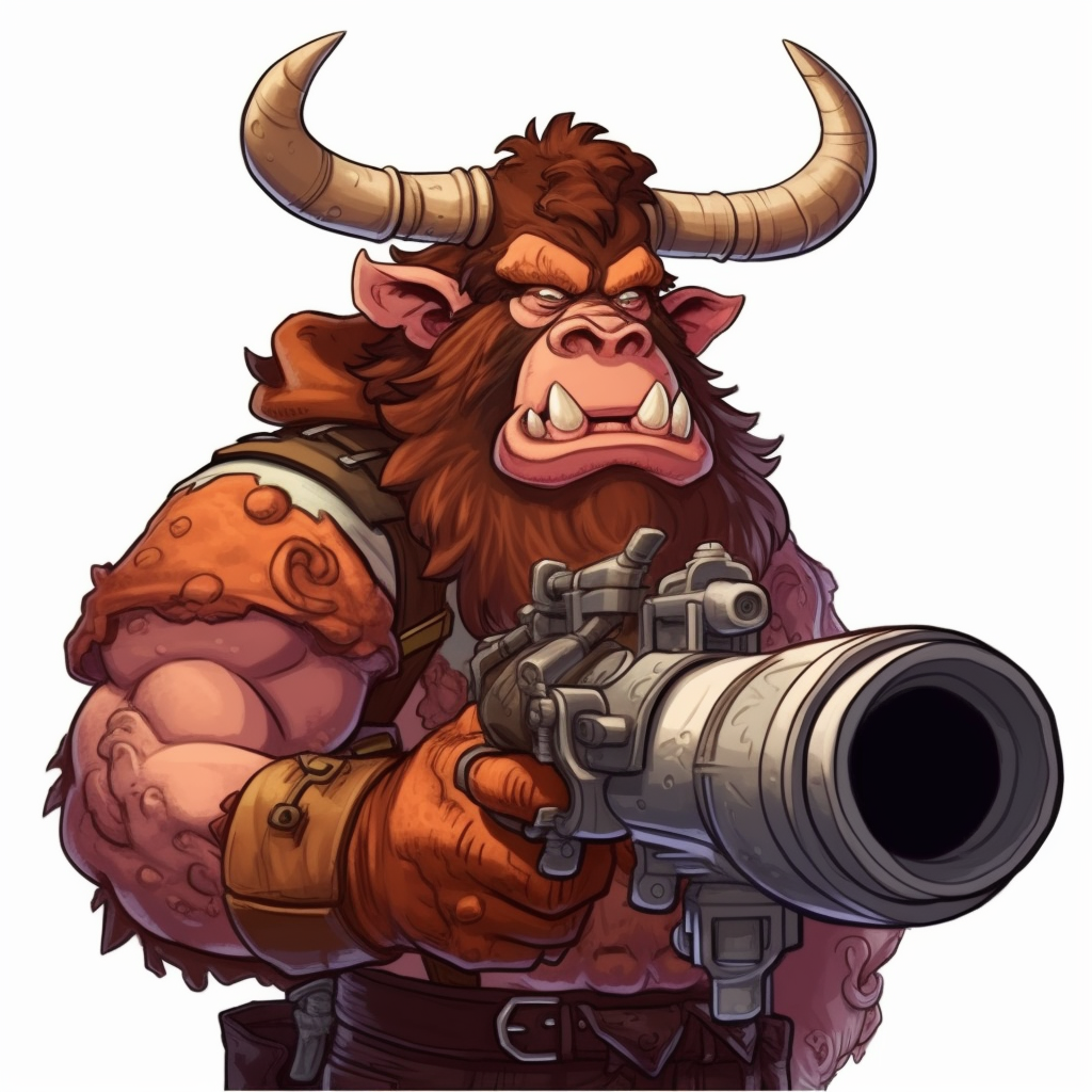 Cartoon beastman cow humanoid with bazooka