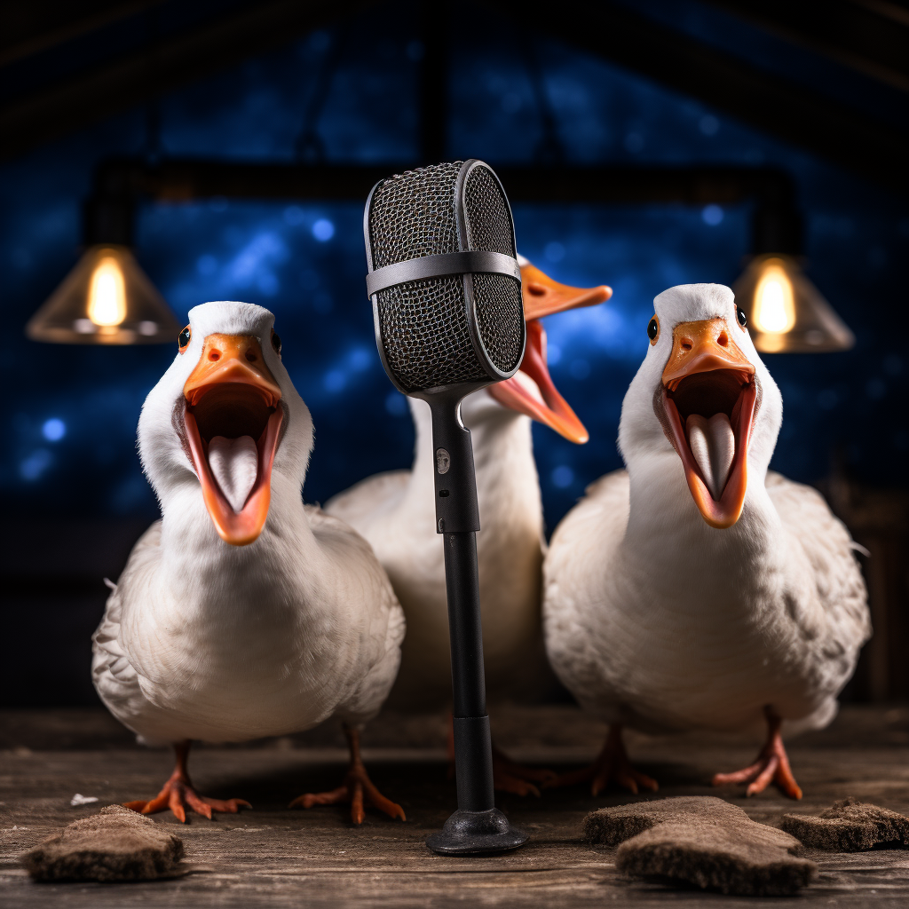 Three geese expressing pain through microphones