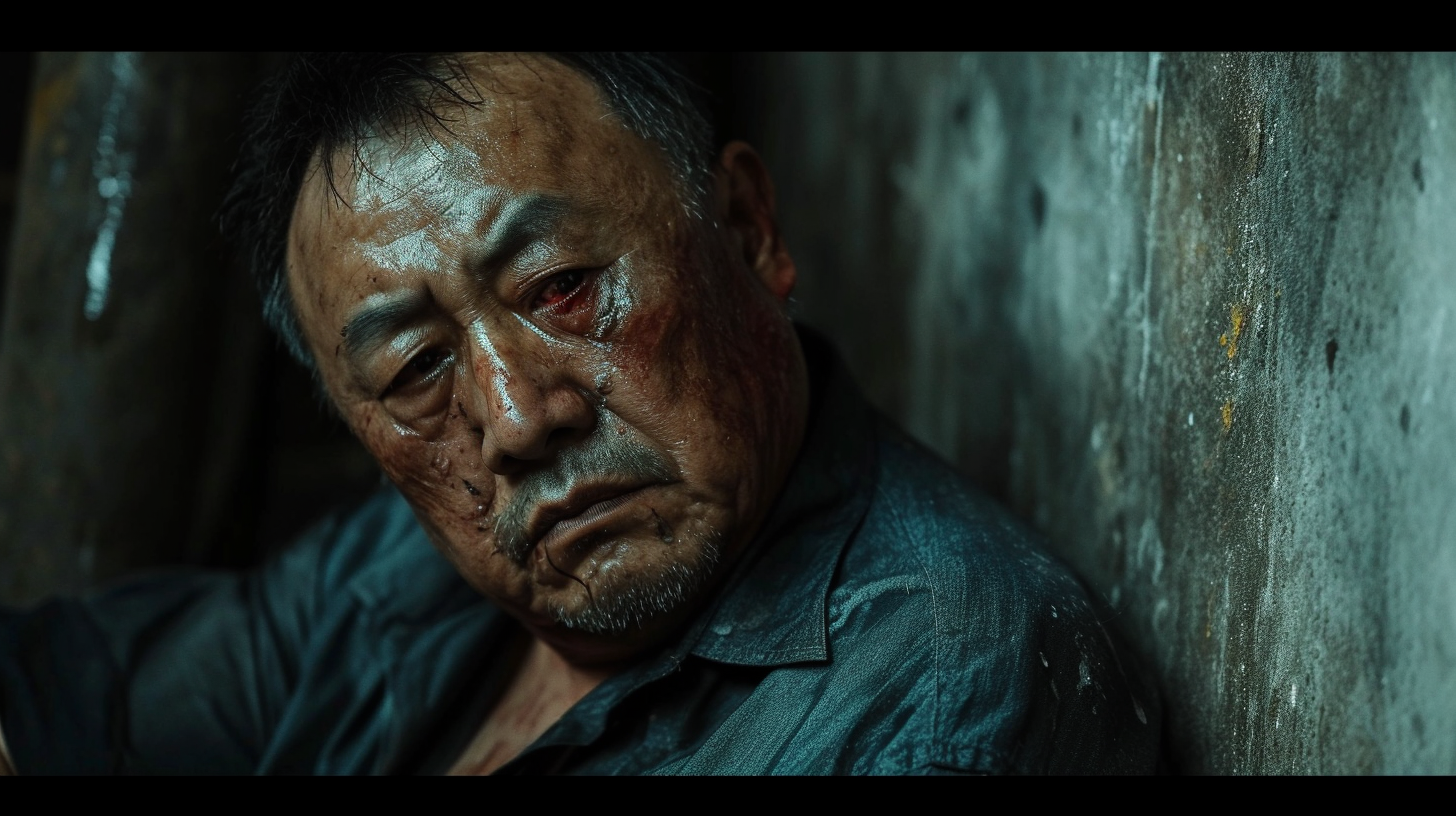 Beaten Chinese man sitting against wall