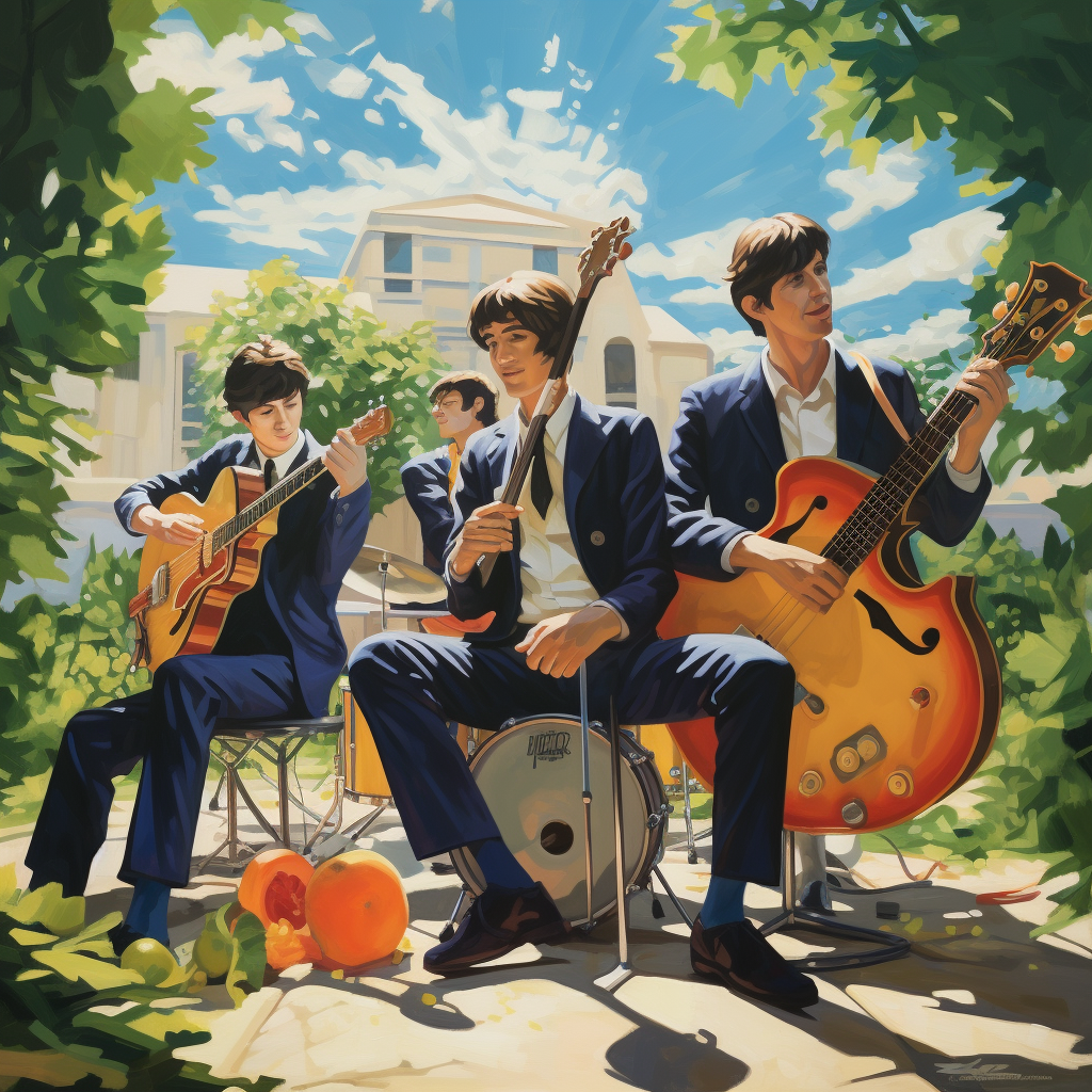 Four Young Men Playing Guitars on a Summer Day