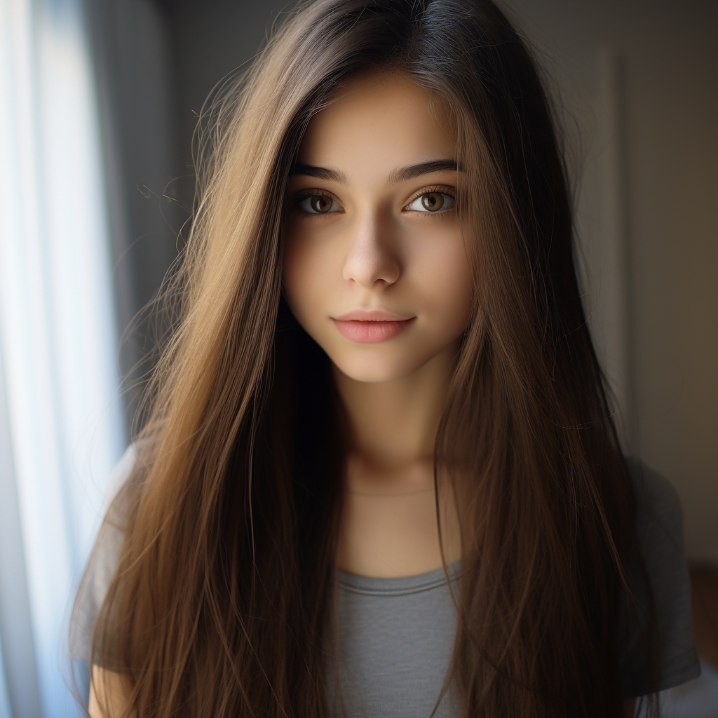 Beautiful 15-year-old girl with brown eyes and long hair.