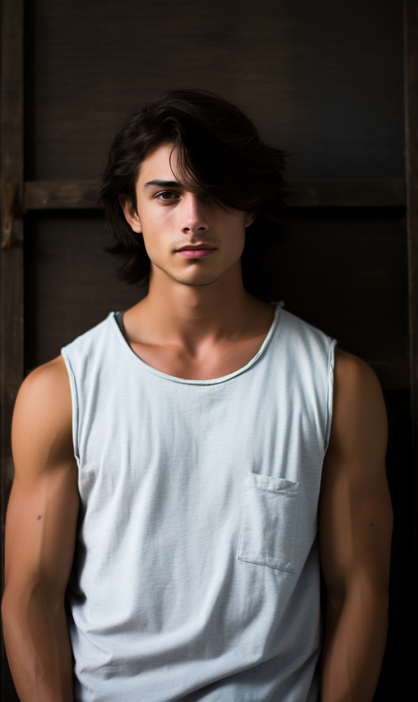 21yo male model in sleeveless shirt showing off his style