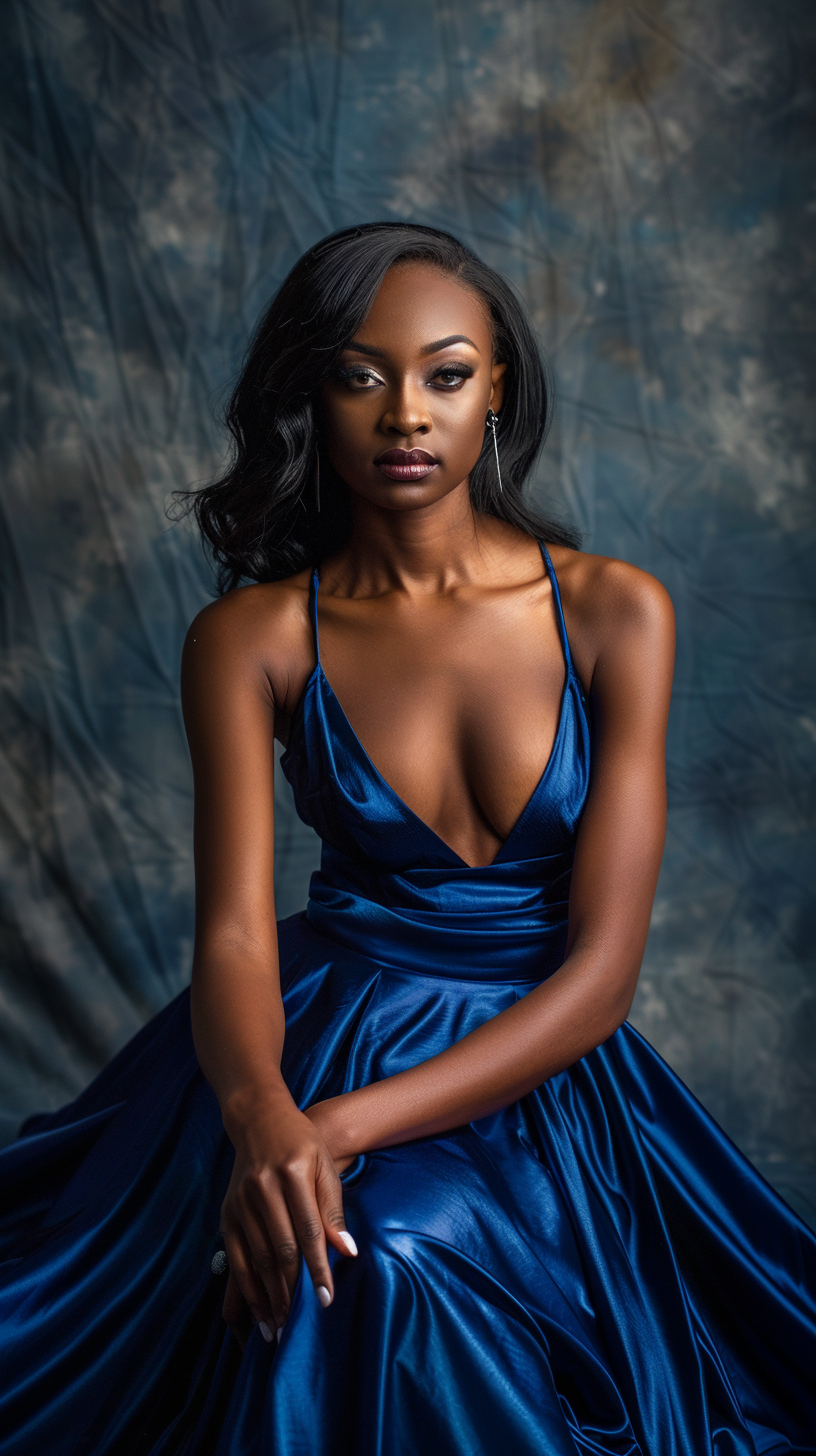 African American woman in blue satin dress (6 words)