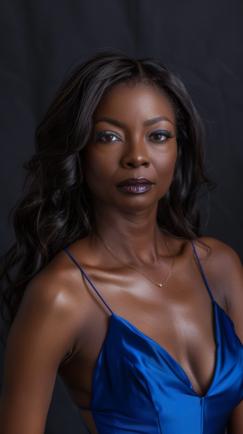 Thin African American woman in blue satin dress