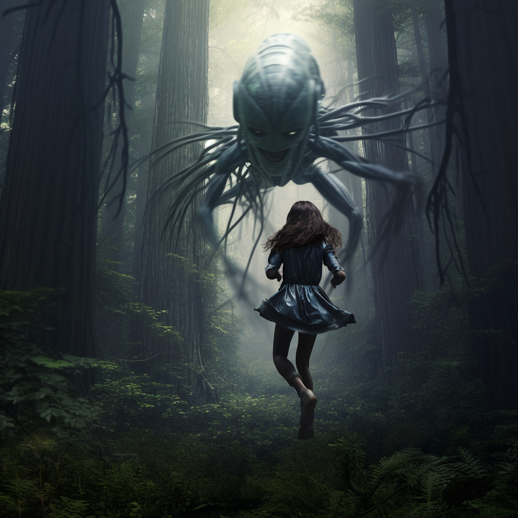 Alien woman running through forest gracefully