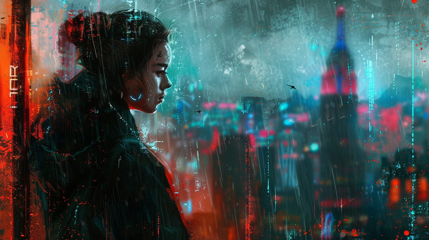 Androgynous woman in cyberpunk city