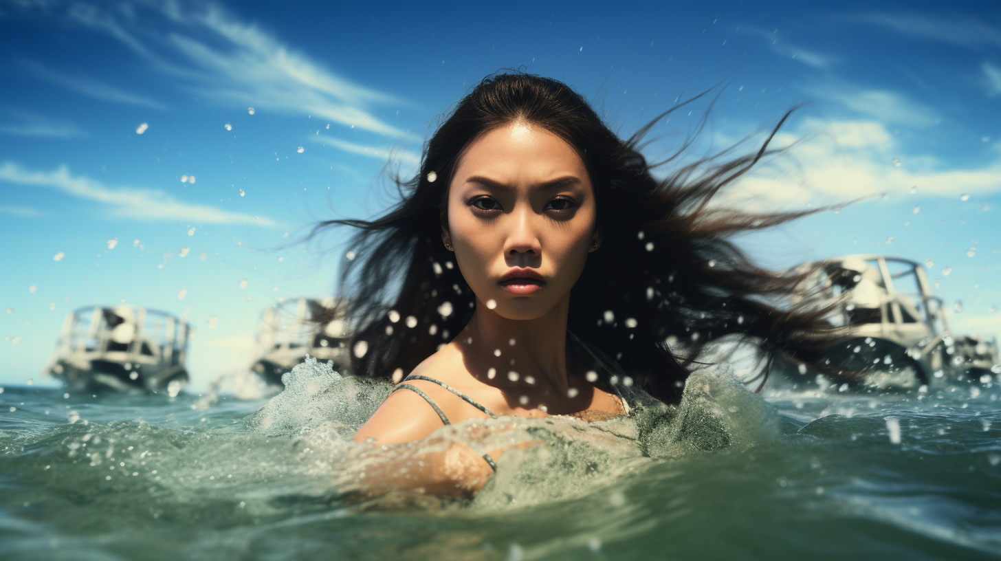 Asian model swimming in stormtrooper-filled ocean