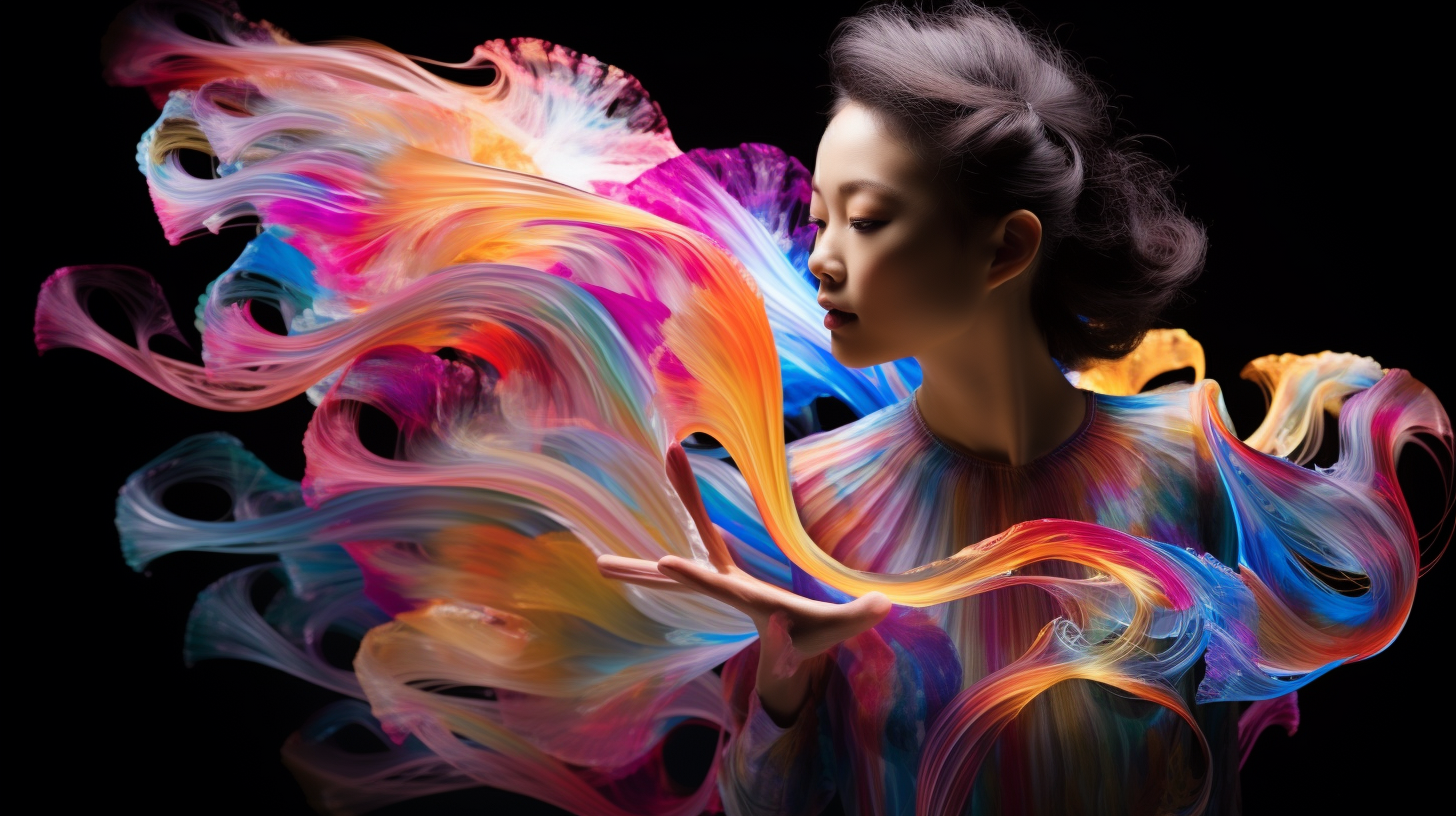 Beautiful Asian model in neon fractal mist