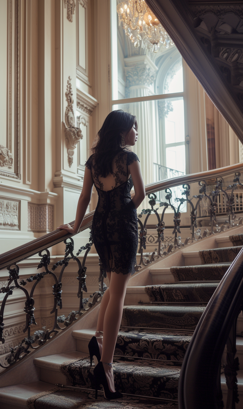 Asian woman in black lace dress on grand staircase