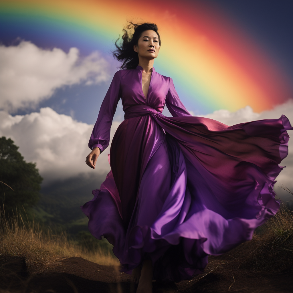 Beautiful Asian Woman in Purple Dress on Rainbow