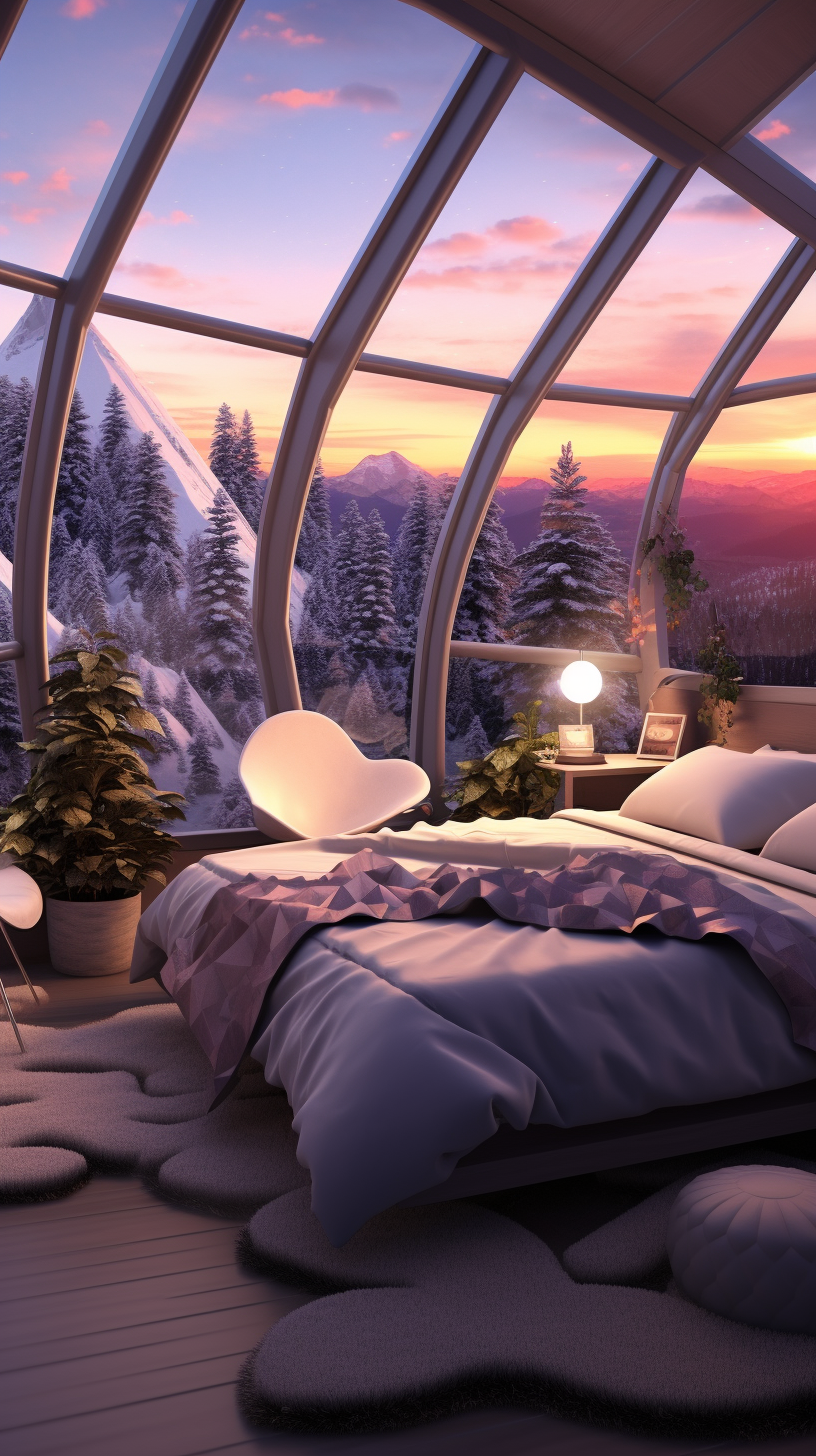 Bedroom with Snowy Mountain and Aurora Borealis View