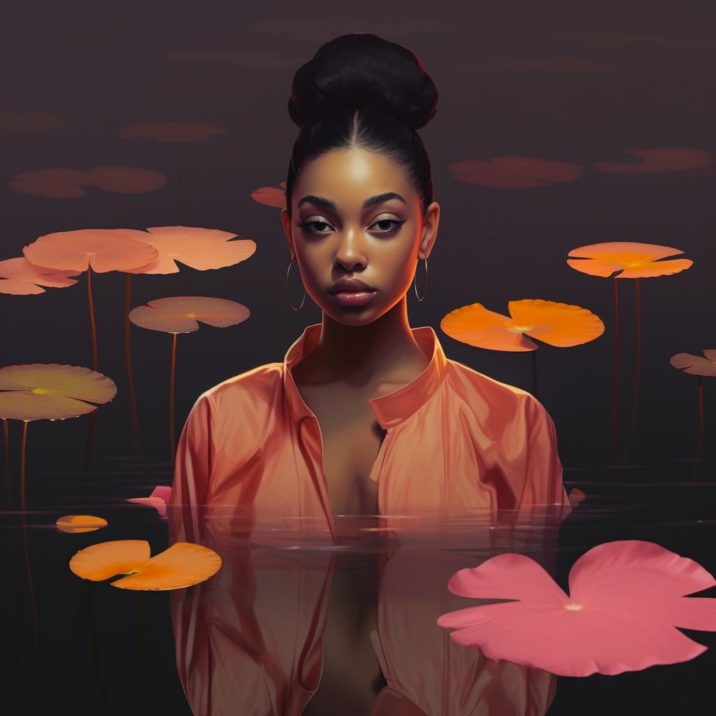 Beautiful black girl surrounded by lilypads