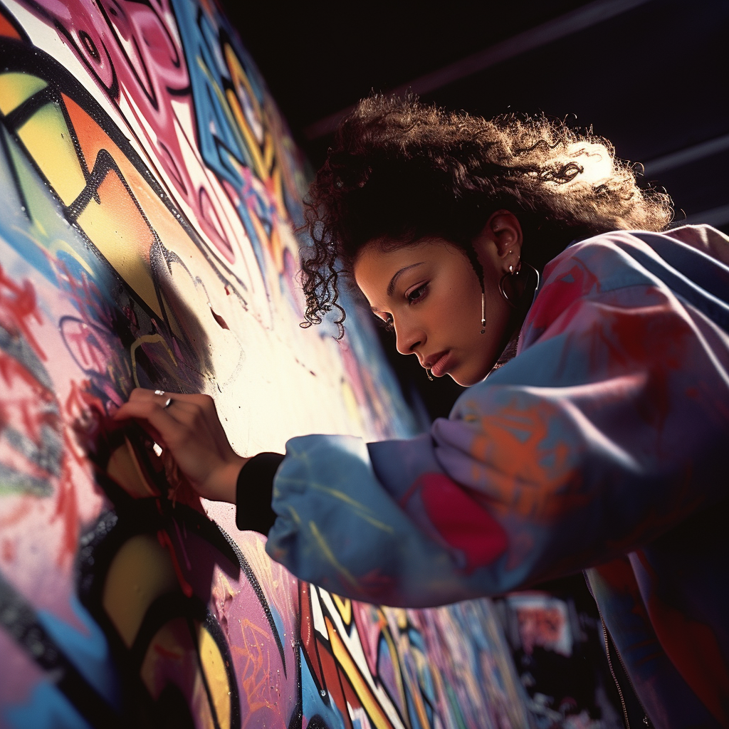 Nostalgic black hair artist painting colorful mural