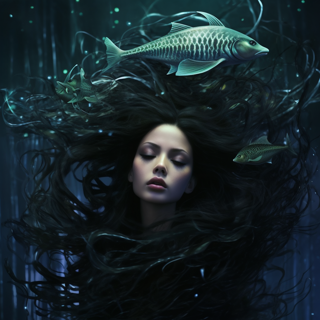 Beautiful black hair underwater mermaid