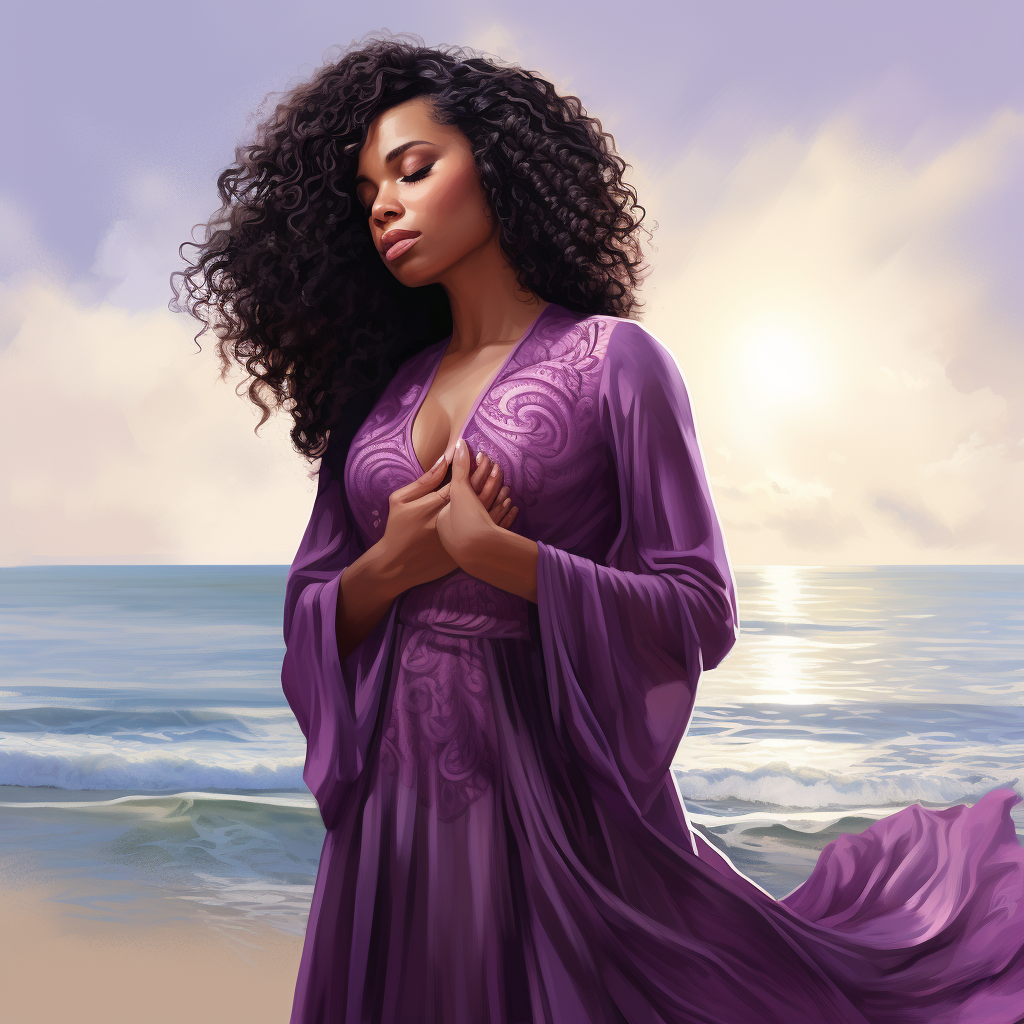 Black woman in beautiful purple dress praying