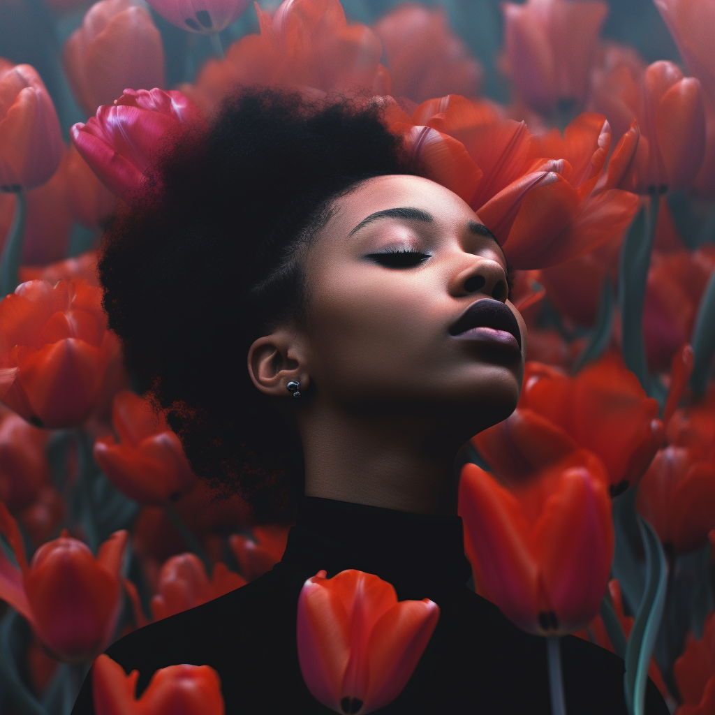 Hyperealistic image of a beautiful black woman surrounded by tulips